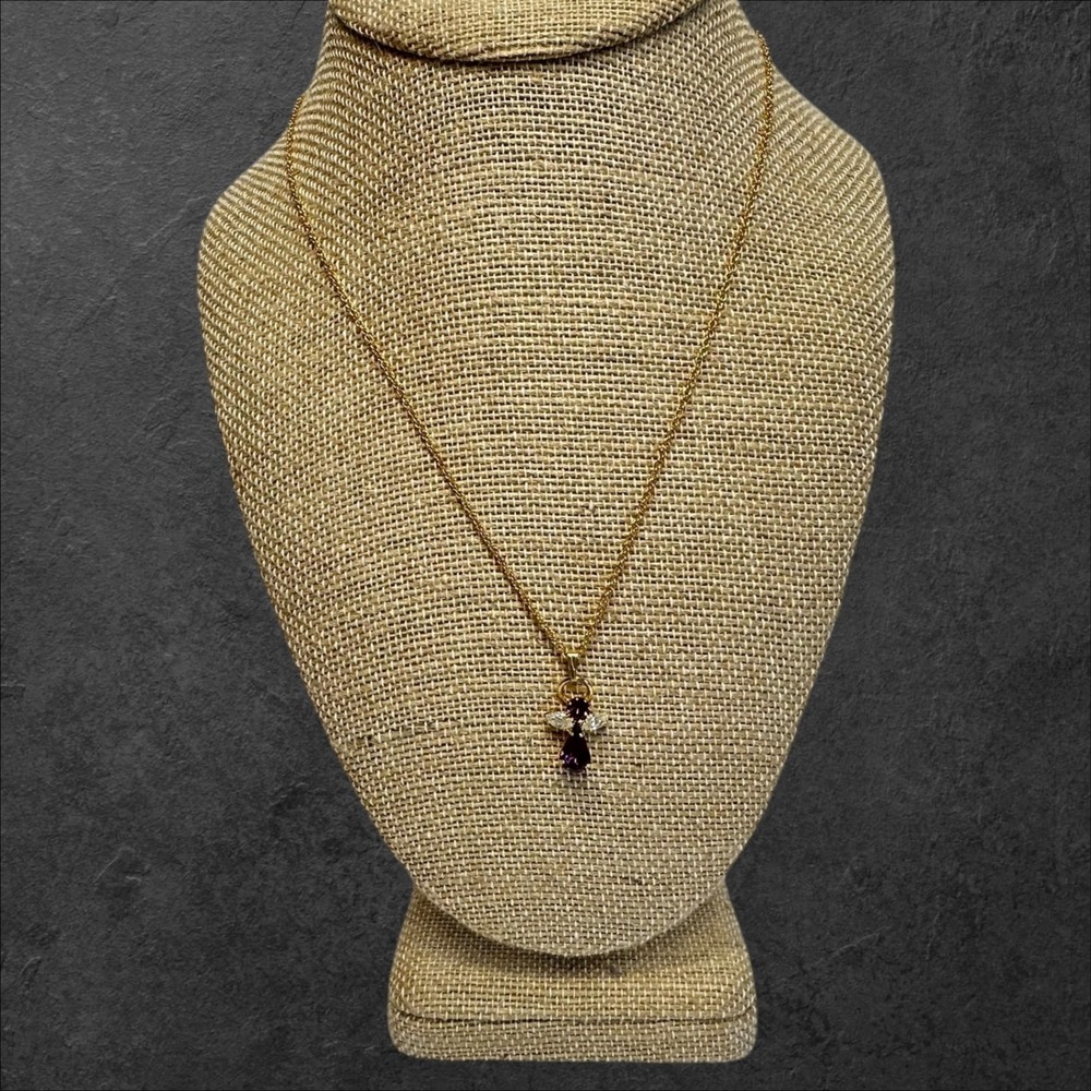 Gold‎ Tone Angel Pendant Necklace Dark Purple Crystal Dangle Amethyst Color 18"